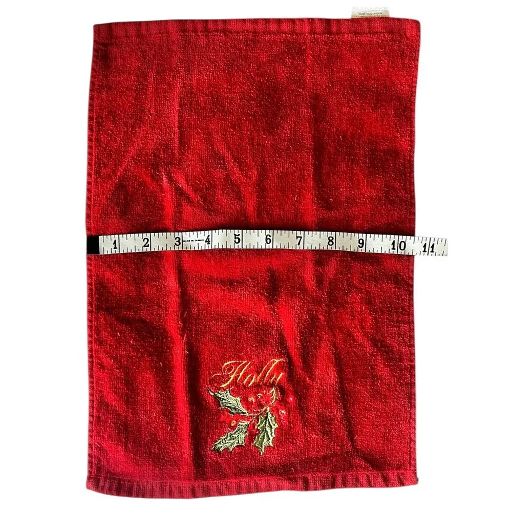 Set Of 2 Red Christmas Hand Towels With Embroidered Holly Leaves & Berries 15.5”